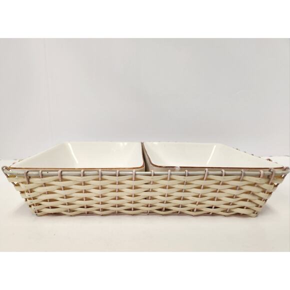 Vintage Lipper & Mann Japan Dual Serving Dishes w/ Wicker Caddy Retro Fruit - Picture 3 of 7